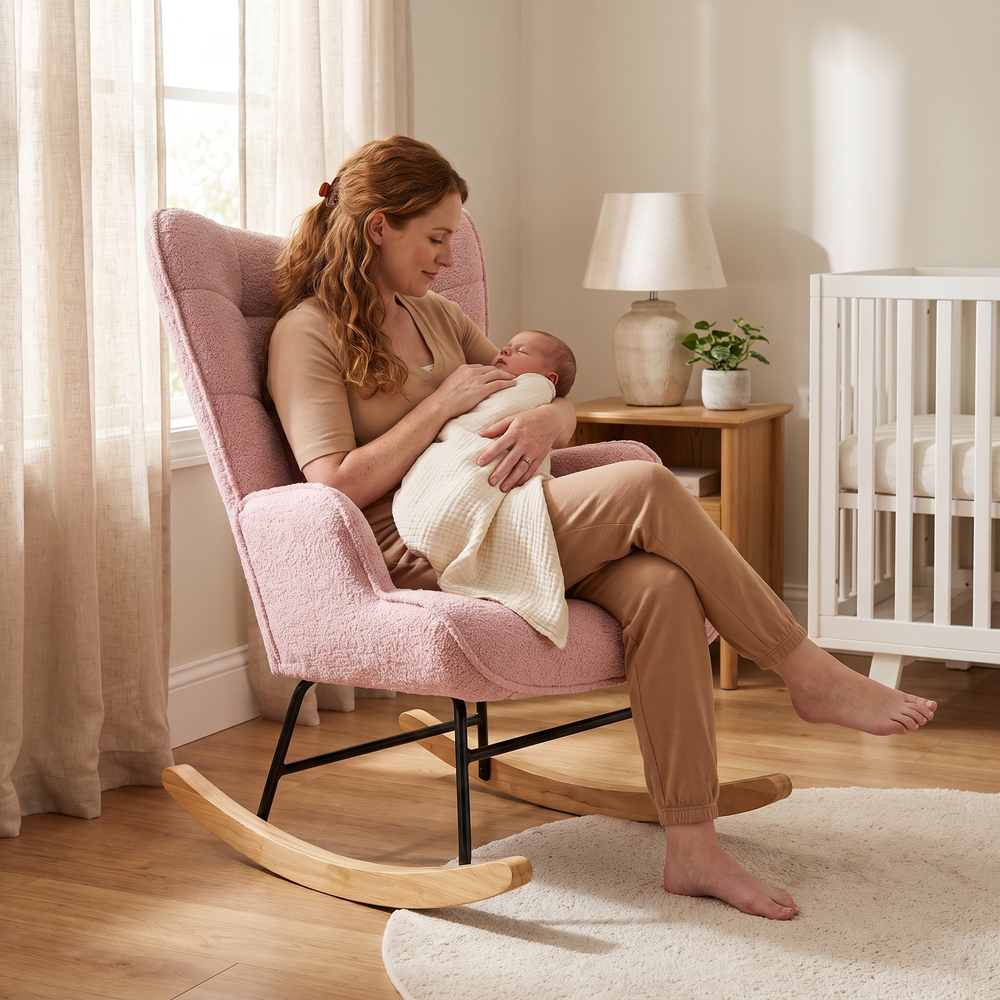 Mother holding her baby, in The Petal Compact Teddy Rocker in a bright nursery
