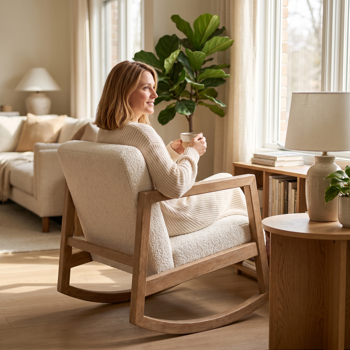 Woman relaxing, in The Alder Scandinavian Boucle Rocker in a sunlit reading corner