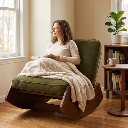 Woman relaxing, in The Marlow Mid-Century Rocker, Solid Wood Base in a sunlit reading corner