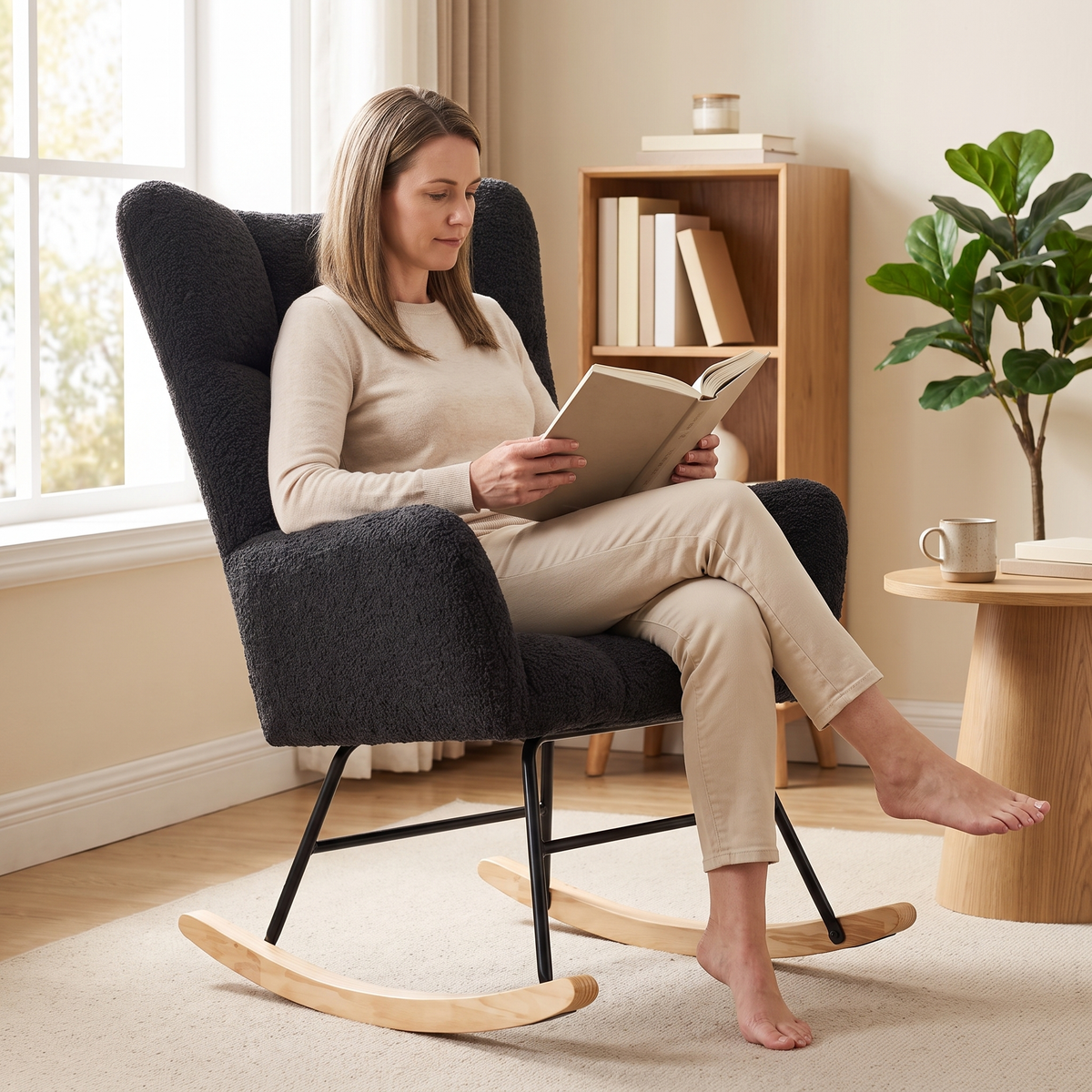 Woman relaxing, in The Winslow Boucle Wingback Rocker in a sunlit reading corner