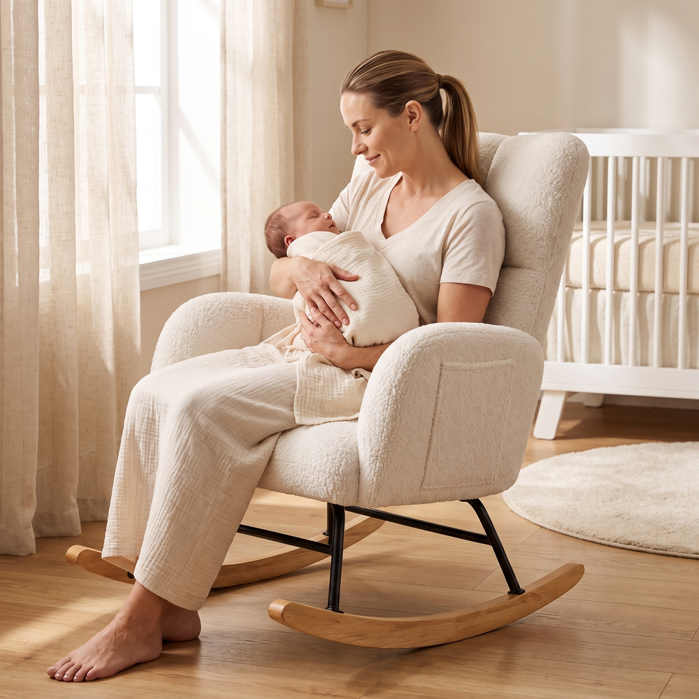 Mother holding her baby, in The Nestle Teddy Nursery Rocker with Side Pockets in a bright nursery