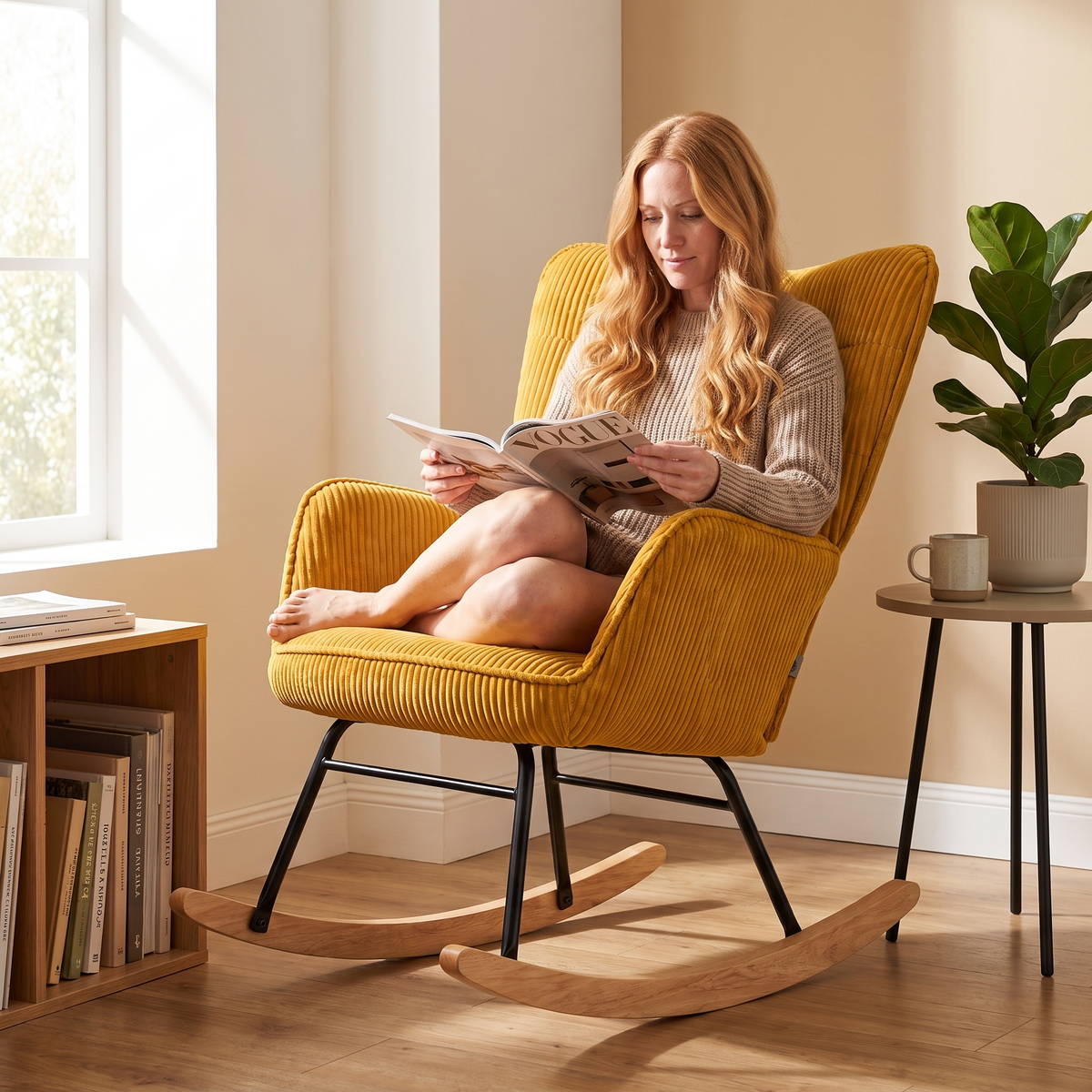 Woman relaxing, in The Saffron Ribbed Designer Rocker in a sunlit reading corner