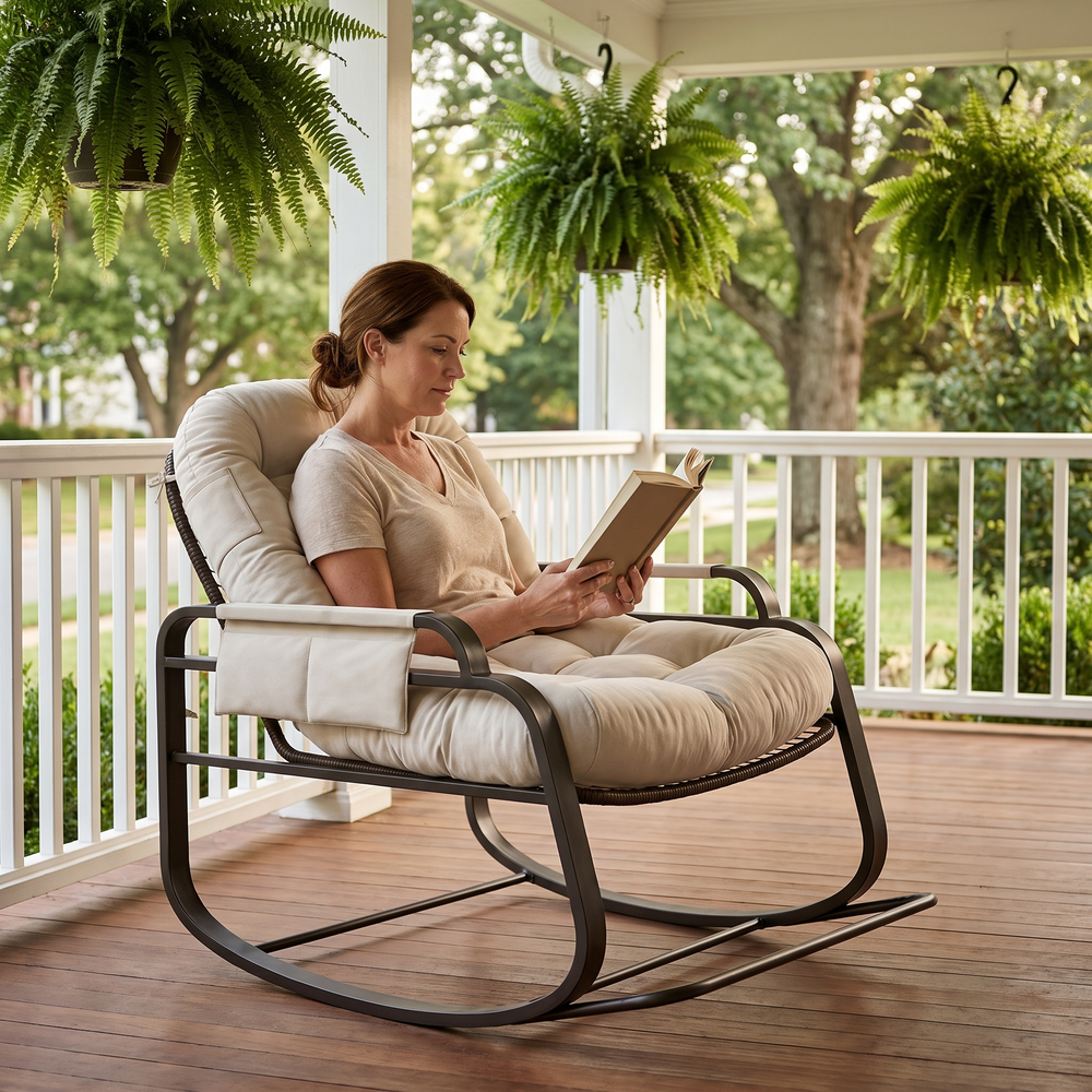 Woman relaxing, in The Veranda Outdoor Rattan Rocker in a classic front porch