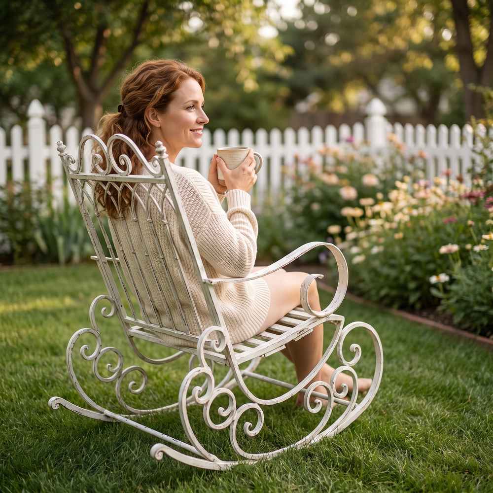 Woman relaxing, in The Charleston Vintage Metal Garden Rocker in a backyard garden