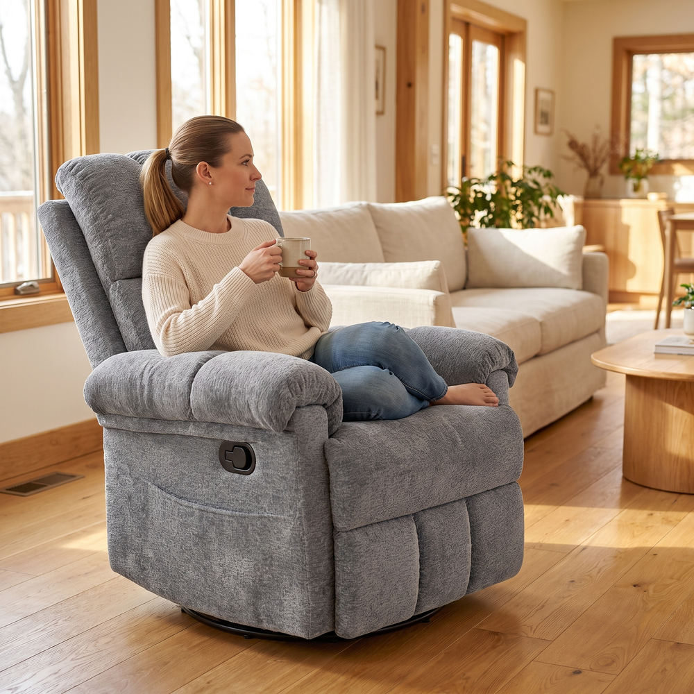 Woman relaxing, in The Carson Swivel Rocker Recliner with Side Pockets in a sunny living room
