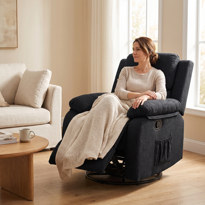 Woman relaxing, in The Scout Compact 360 Swivel Rocker Recliner in a sunny living room