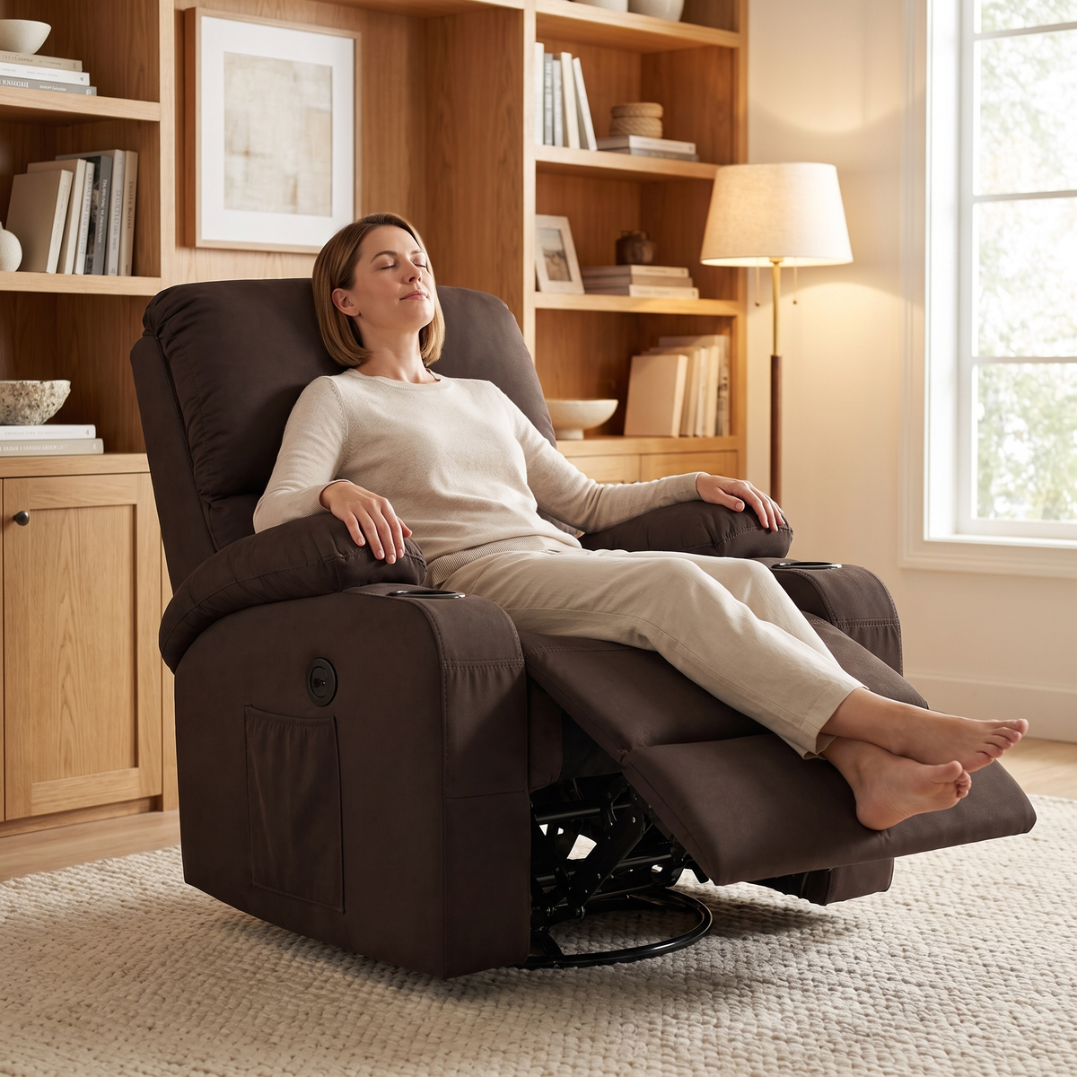 Woman relaxing, in The Hearthside Massage Rocker Recliner with Heat in a cozy den
