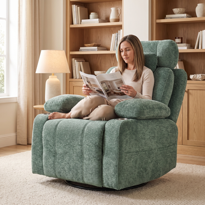 Woman relaxing, in The Everett Power Swivel Rocker Recliner with USB in a cozy den