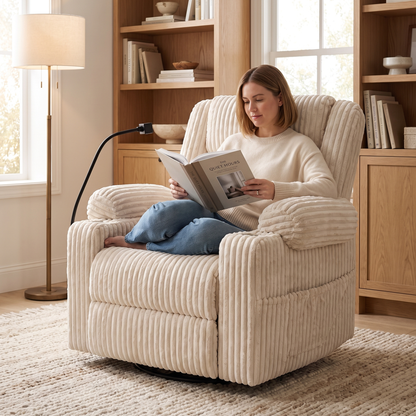 Woman relaxing, in The Grandview Oversized Power Recliner, Heat + Massage in a cozy den