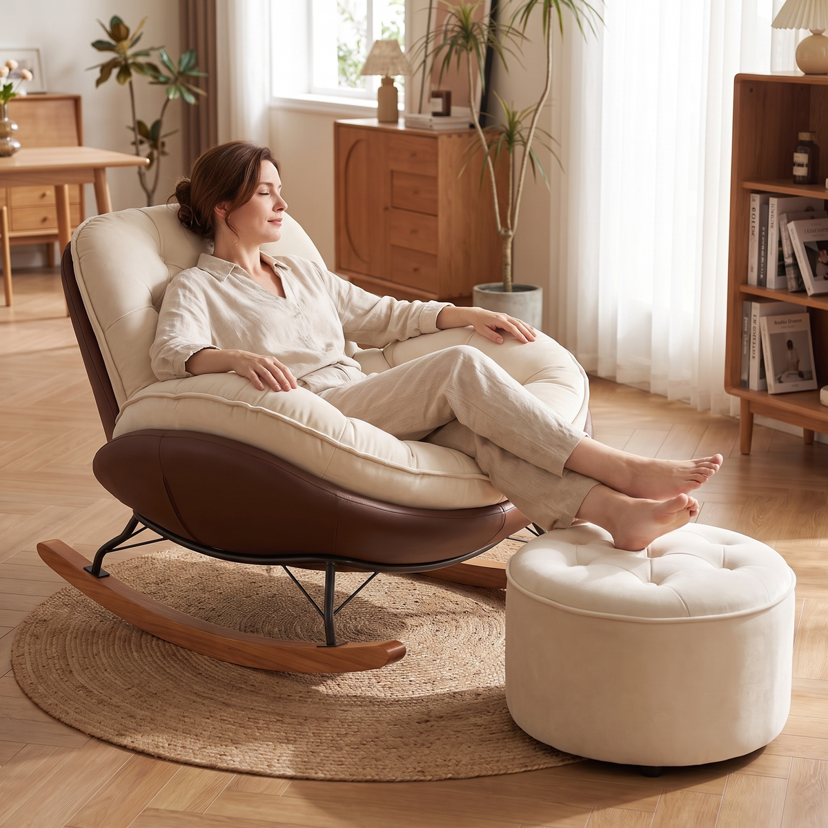 Woman resting her feet on the tufted ottoman, in The Truffle tufted shell rocker in a bright living room
