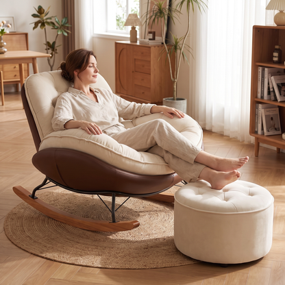 Woman resting her feet on the tufted ottoman, in The Truffle tufted shell rocker in a bright living room