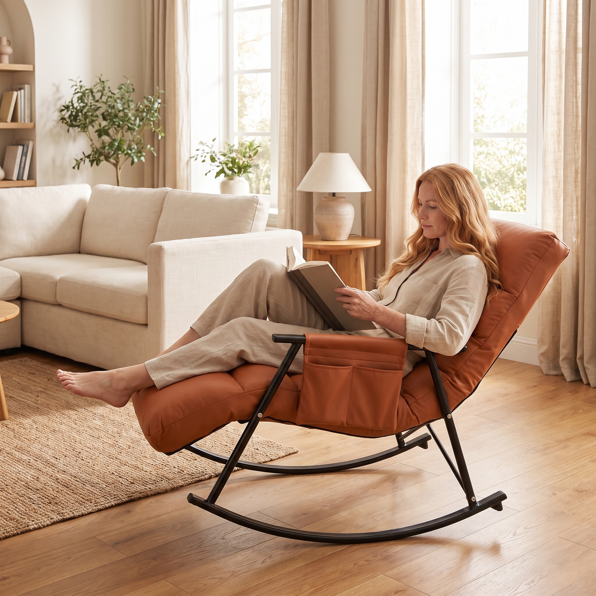Woman reading, in The Sedona reclining rocking lounger in a bright living room