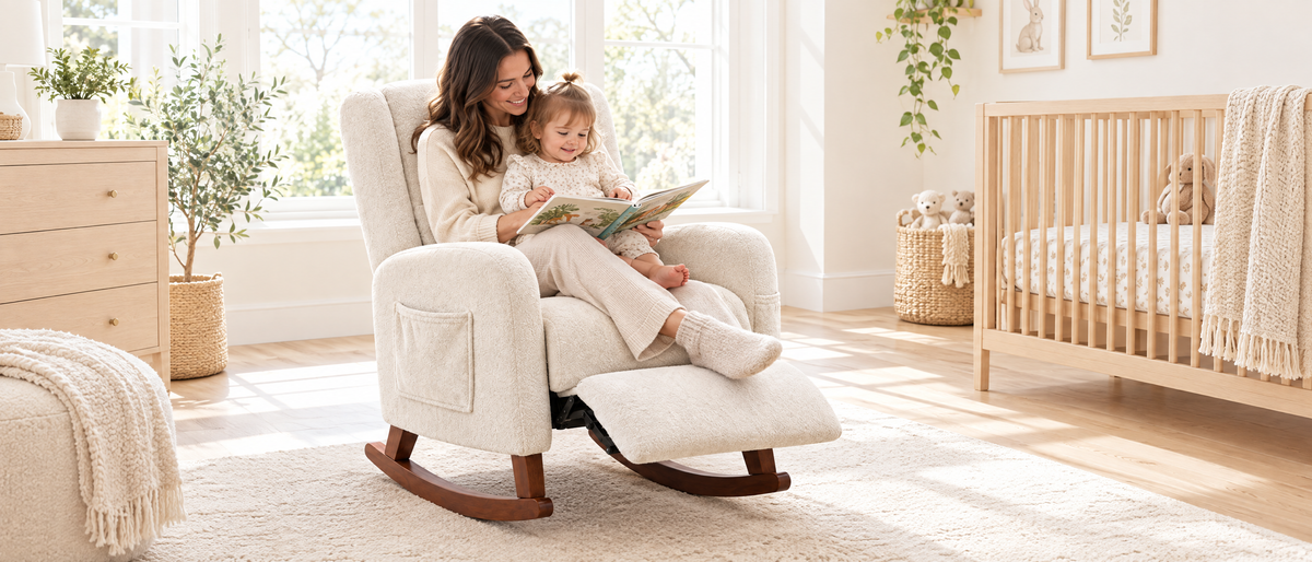 Soft, bright nursery corner with a rocking chair