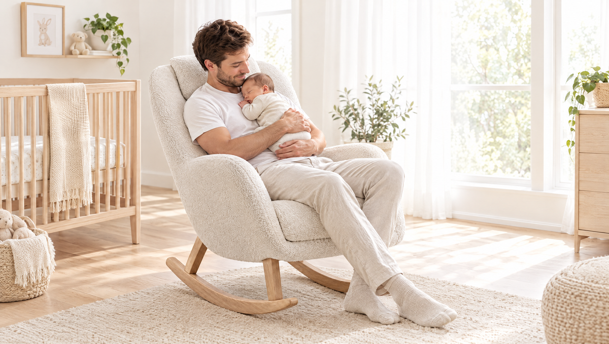 Nursery rocking chair in a bright, calm nursery