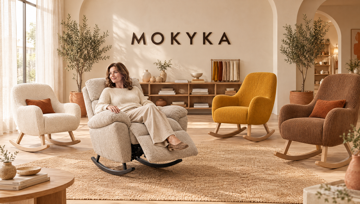 Woman relaxing in a recliner rocker in the Mokyka showroom, surrounded by soft rocking chairs
