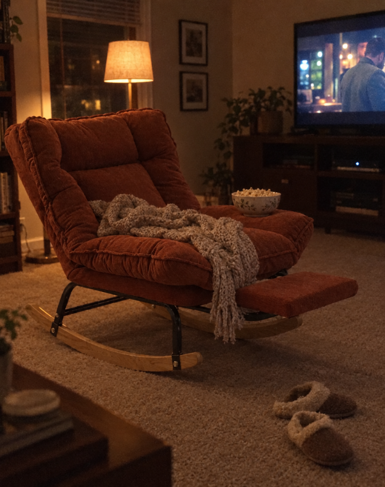 Rust corduroy rocking lounger with pull-out footrest in a living room at night