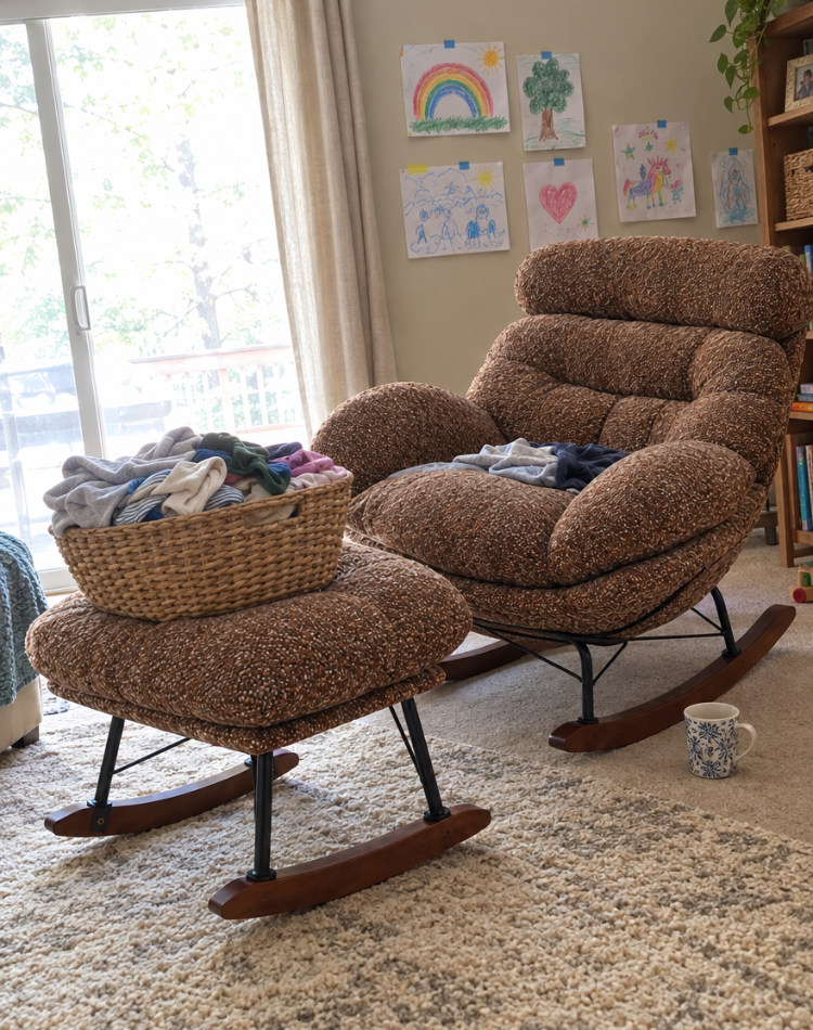 Brown boucle rocking chair and rocking ottoman in a family living room