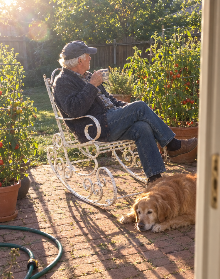 Man drinking coffee in a white metal rocking chair on a garden patio, his dog at his feet