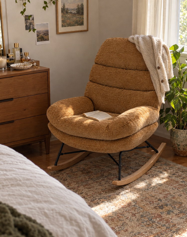 Mustard ribbed rocking chair in a sunlit bedroom corner