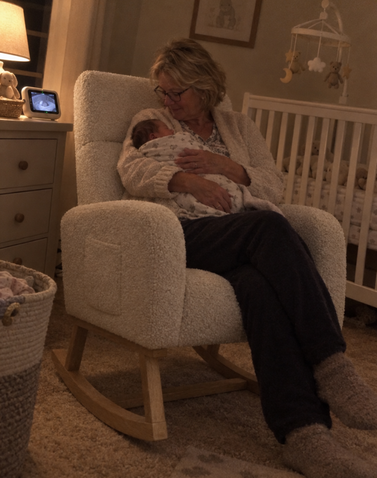 Grandmother holding a newborn in a cream teddy nursery rocker