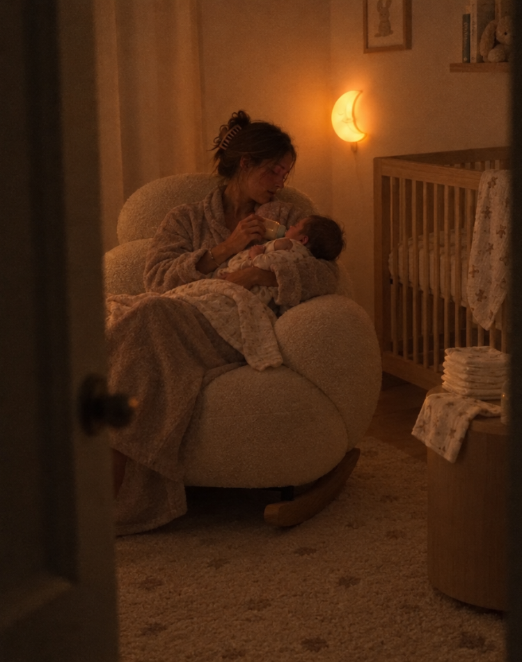 Mother bottle-feeding her baby in a cream boucle rocker in a nursery at night