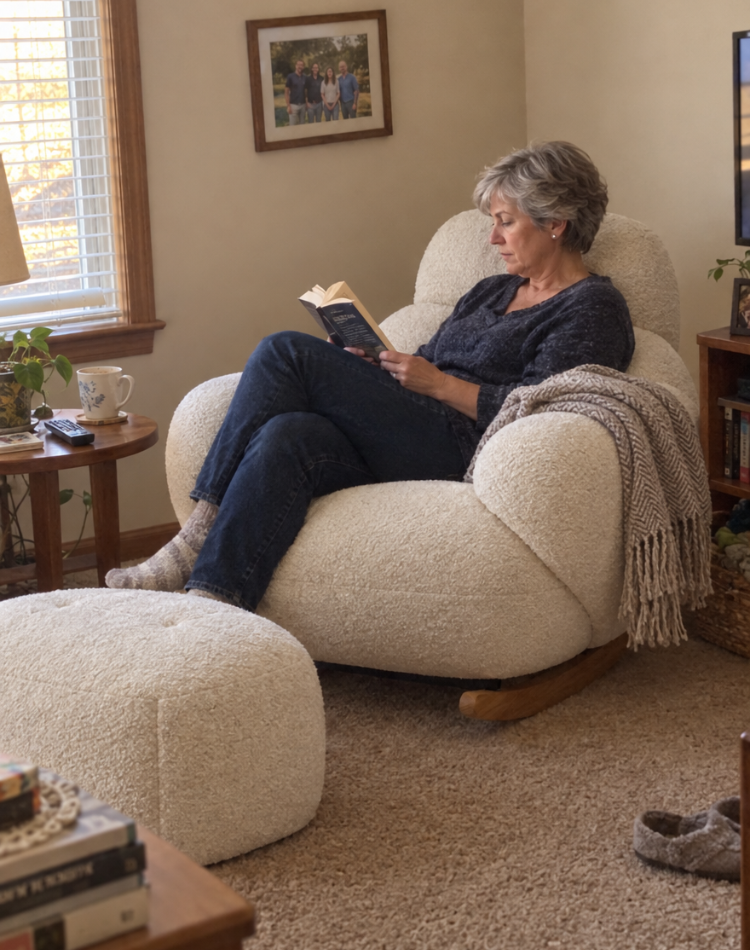 Woman reading in a cream boucle rocking chair with a matching ottoman
