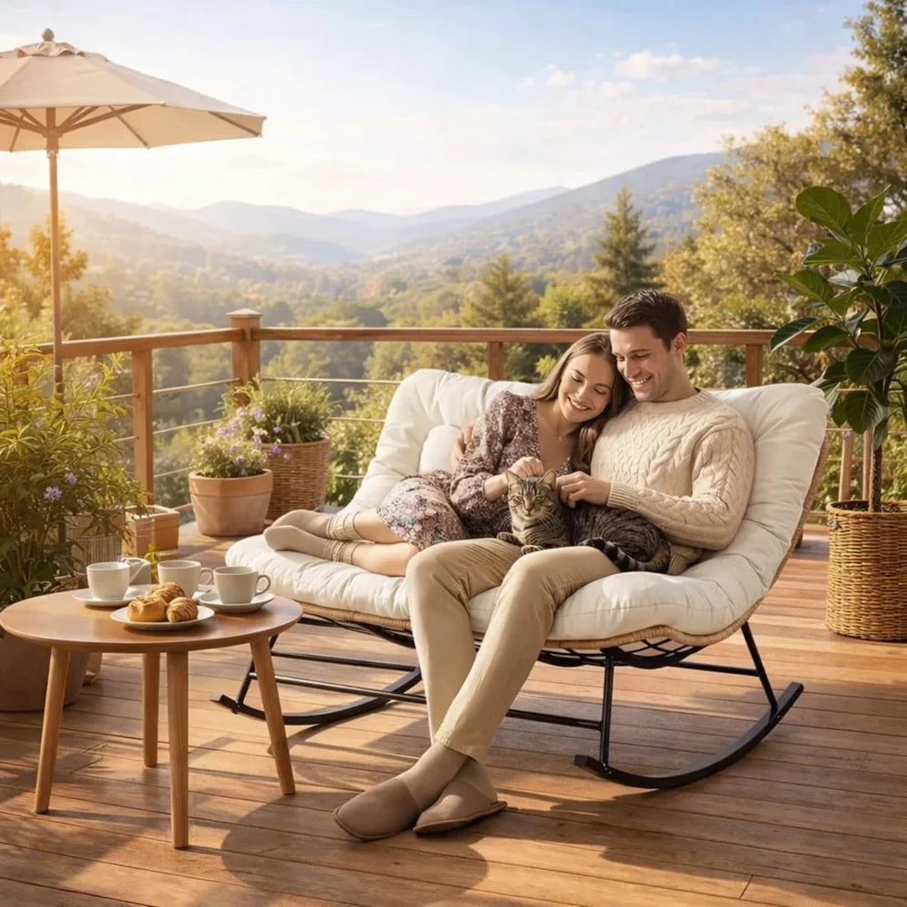 DUOVA – 2-Seater Rocking Chair PE Rattan Outdoor XXL Cushion 160 cm