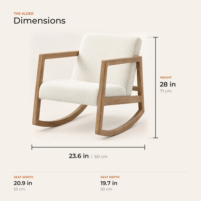 The Alder dimensions: width, depth and height in inches and centimeters