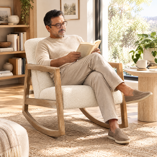 A Latino man with glasses and short dark hair in his mid 50s, reading a paperback, in The Alder Scandinavian boucle rocker in a sunlit reading corner
