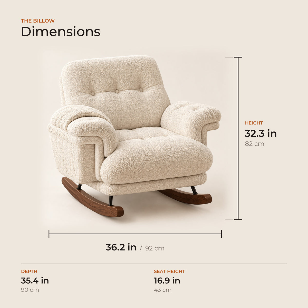 The Billow dimensions: width, depth and height in inches and centimeters