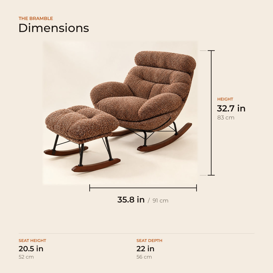 The Bramble dimensions: width, depth and height in inches and centimeters