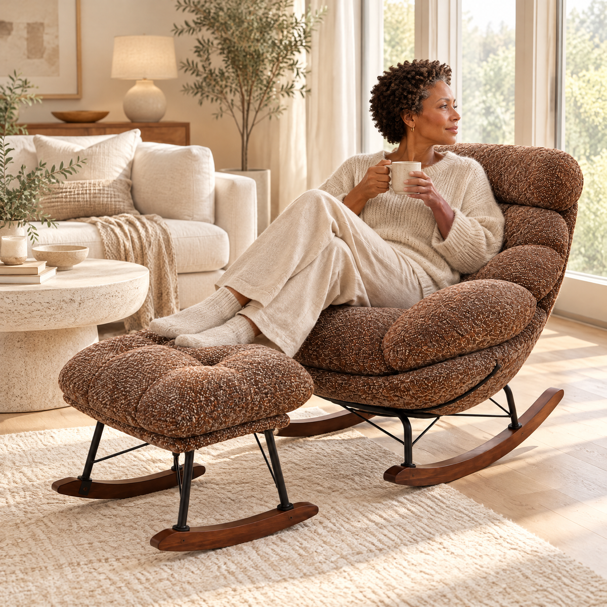 A Black woman with short natural curls in her early 50s, holding a mug of tea and looking out the window, in The Bramble XXL lounge rocker + ottoman in a sunny living room