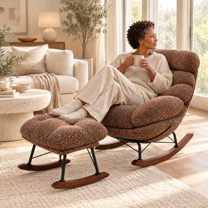 A Black woman with short natural curls in her early 50s, holding a mug of tea and looking out the window, in The Bramble XXL lounge rocker + ottoman in a sunny living room