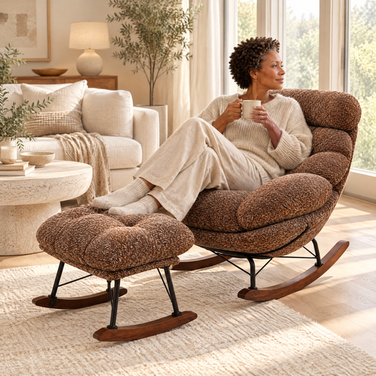 A Black woman with short natural curls in her early 50s, holding a mug of tea and looking out the window, in The Bramble XXL lounge rocker + ottoman in a sunny living room