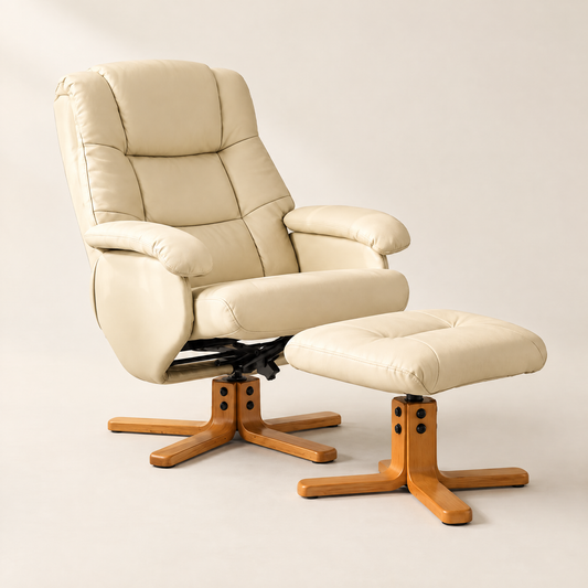 The Brighton faux leather swivel recliner + ottoman in Cream, studio photo
