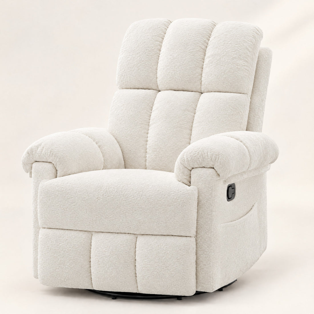 The Carson swivel rocker recliner with side pockets in Beige, studio photo
