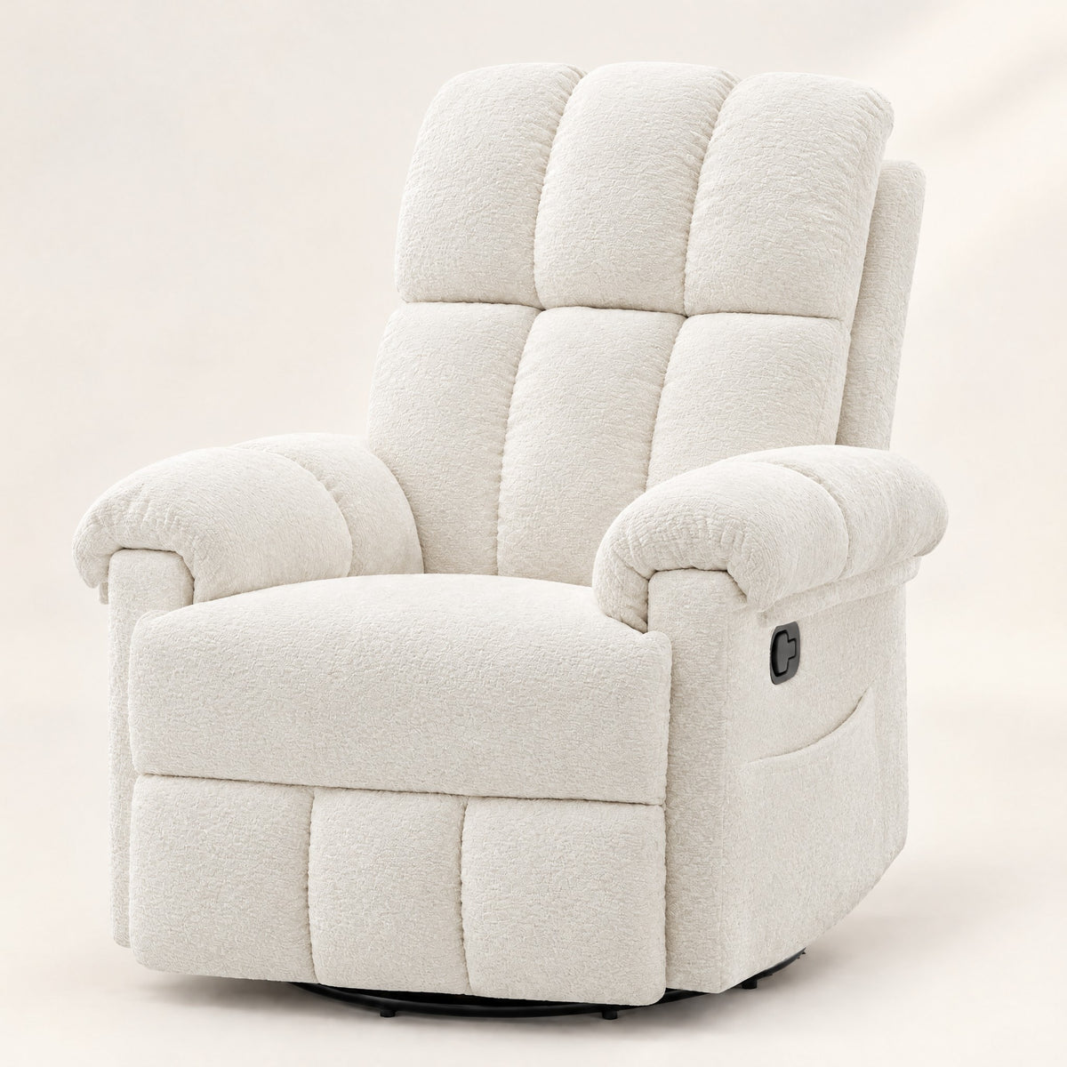 The Carson swivel rocker recliner with side pockets in Beige, studio photo