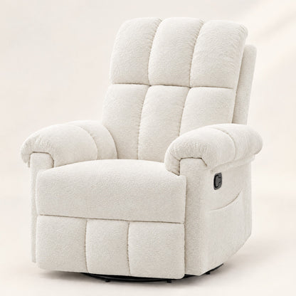 The Carson swivel rocker recliner with side pockets in Beige, studio photo