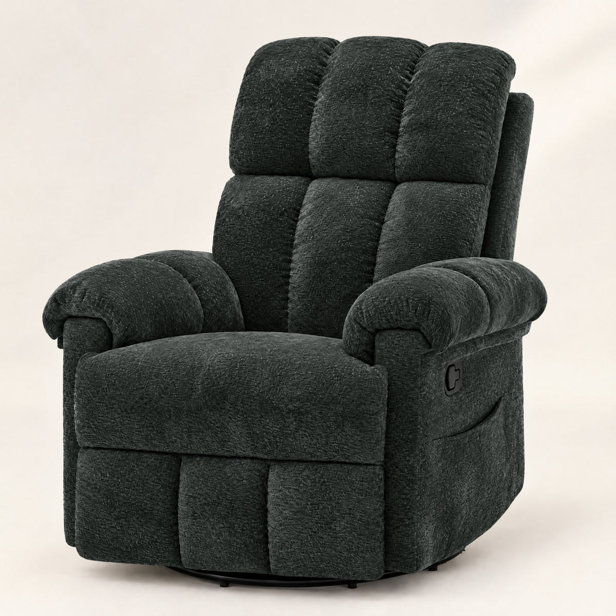 The Carson swivel rocker recliner with side pockets in Black, studio photo