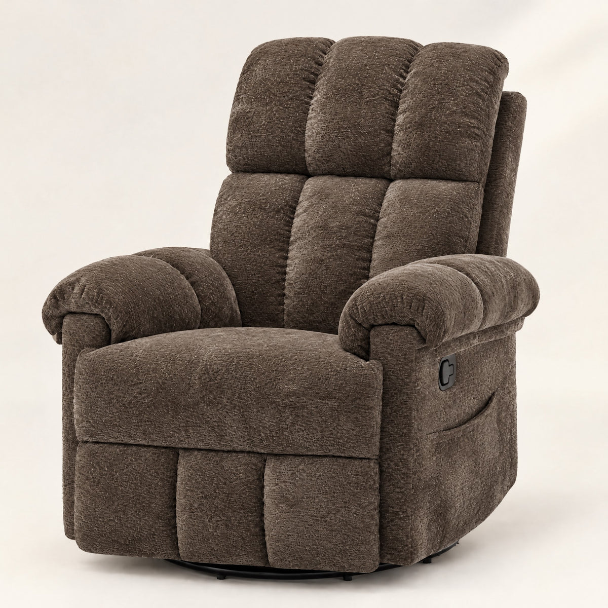 The Carson swivel rocker recliner with side pockets in Brown, studio photo