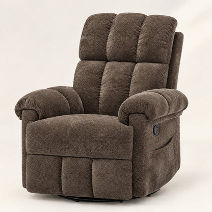 The Carson swivel rocker recliner with side pockets in Brown, studio photo