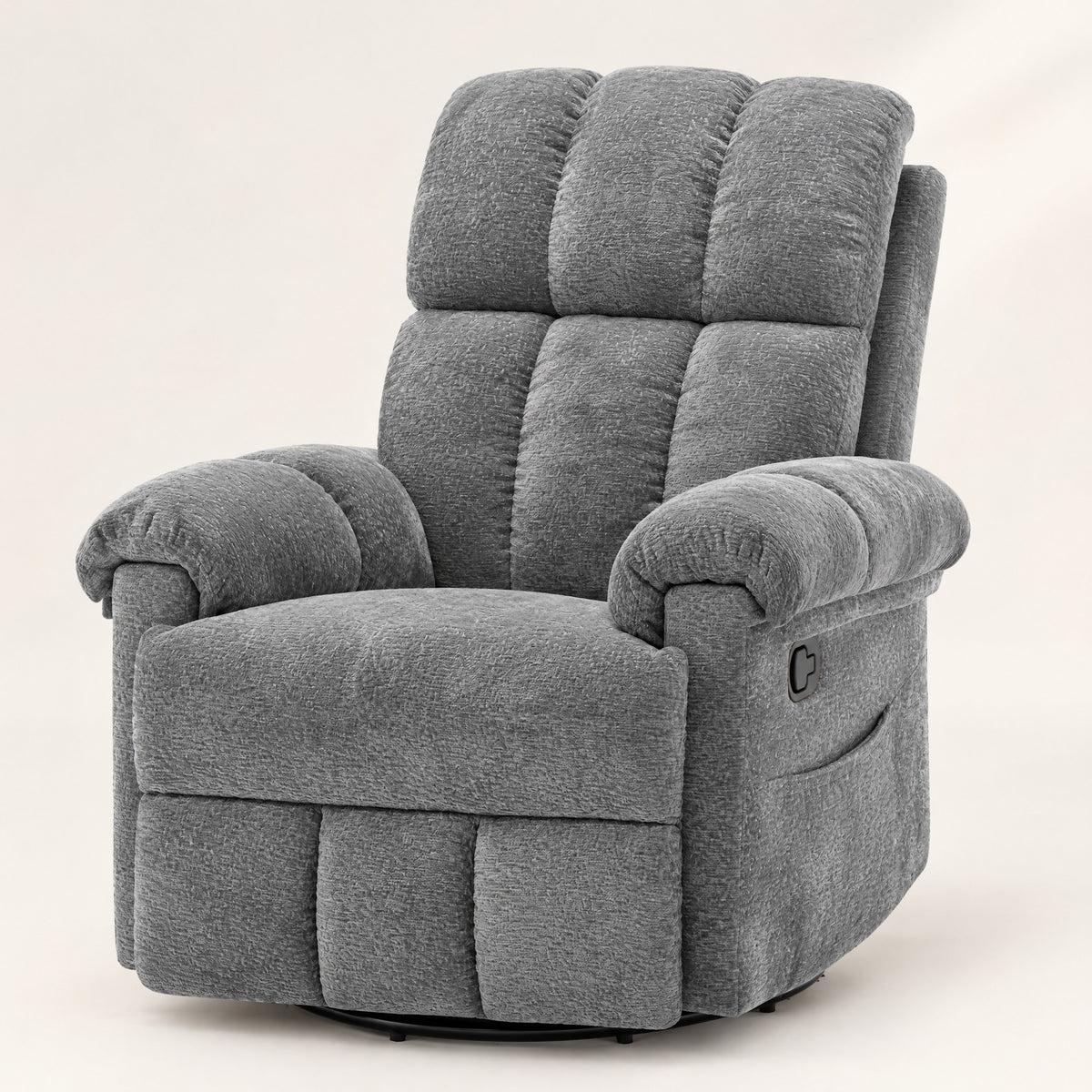 The Carson swivel rocker recliner with side pockets in Grey, studio photo