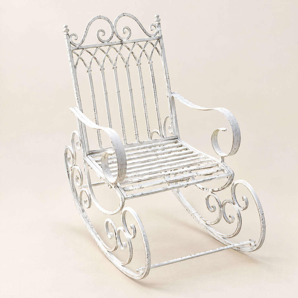 The Charleston vintage metal garden rocker in Vintage White, studio photo