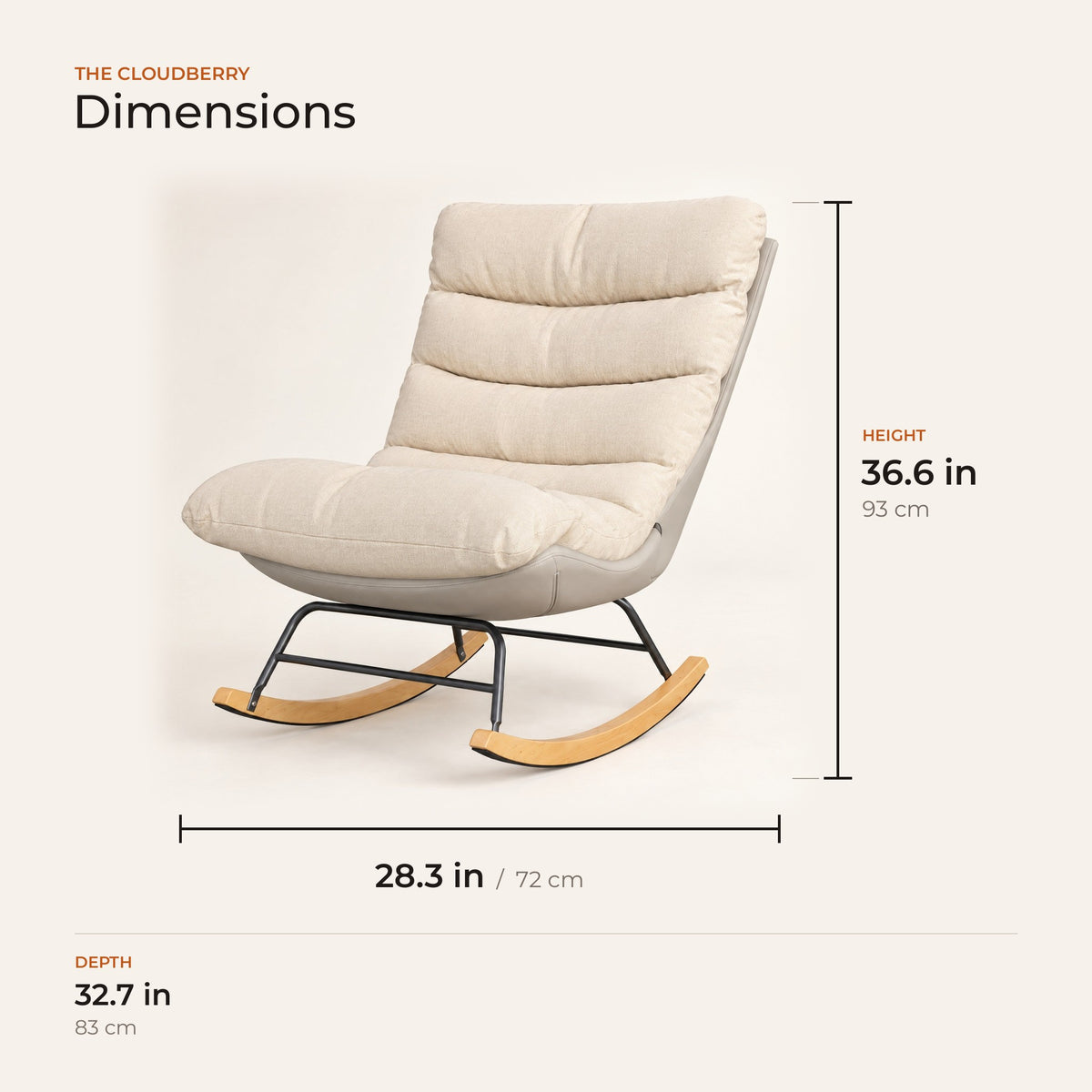The Cloudberry dimensions: width, depth and height in inches and centimeters
