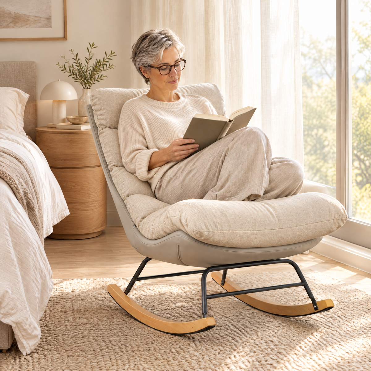 A woman with short gray hair and glasses in her mid 40s, reading a hardcover book, in The Cloudberry padded lounge rocker in a calm bedroom corner