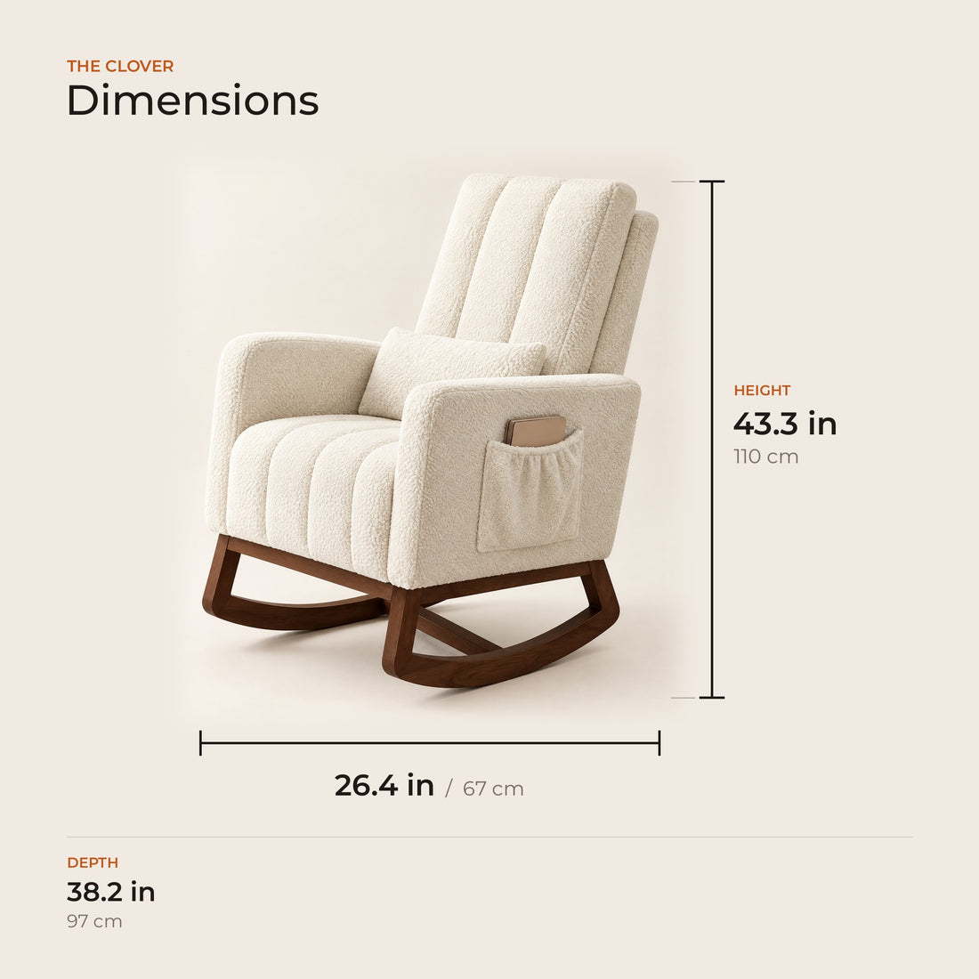 The Clover dimensions: width, depth and height in inches and centimeters
