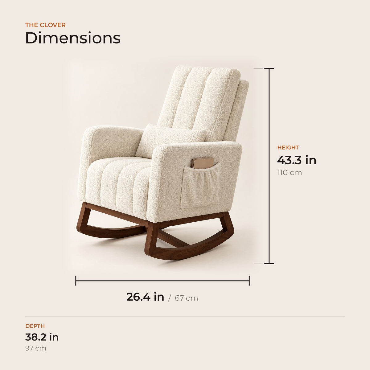 The Clover dimensions: width, depth and height in inches and centimeters