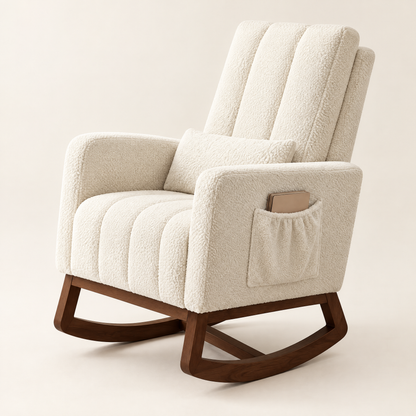 The Clover high-back nursing rocker + lumbar pillow in Ivory, studio photo