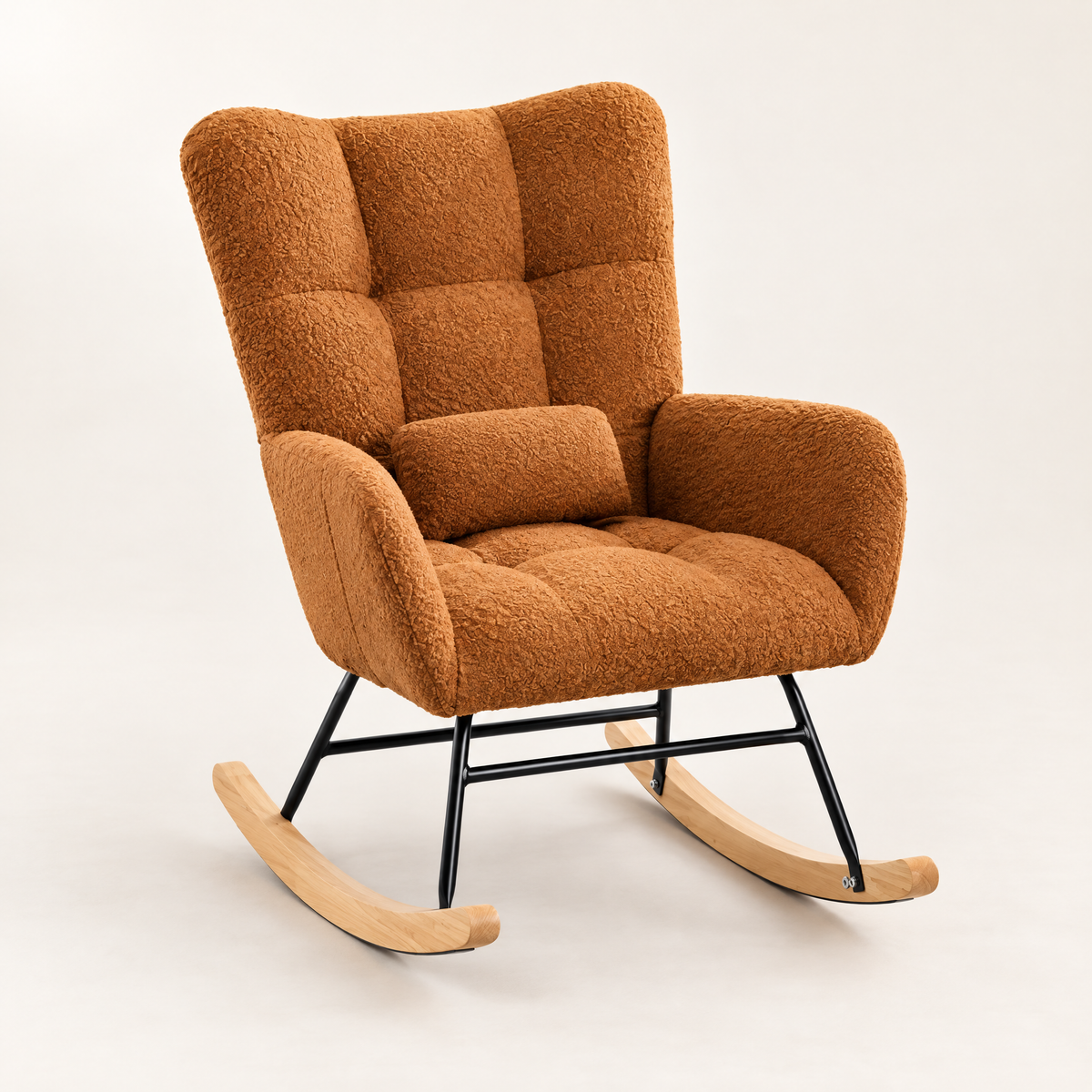 The Cubby teddy wingback rocker in Camel, studio photo