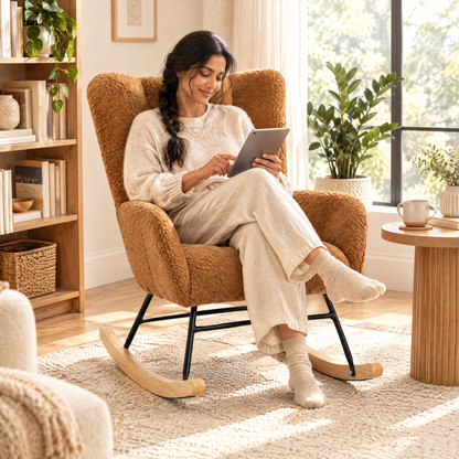 A South Asian woman with long dark hair in a loose braid in her early 40s, scrolling a tablet with a smile, in The Cubby teddy wingback rocker in a sunlit reading corner
